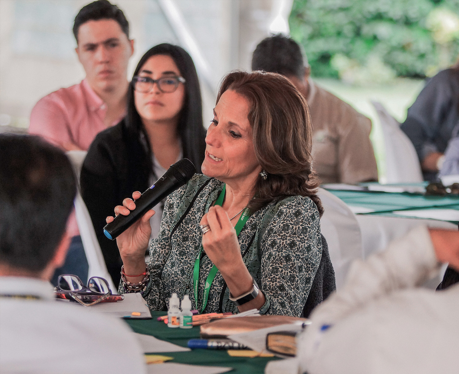 Latin American woman holding a microphone speaks at a session of RedEAmérica's Working Group on Education.